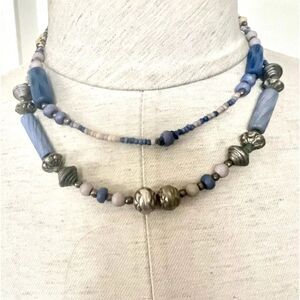 Blue beaded silver tone long necklace
